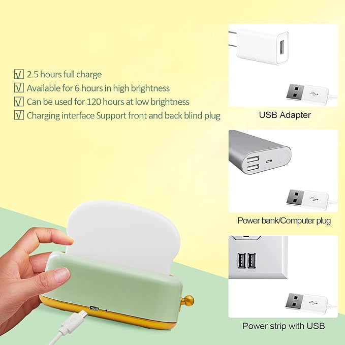 QANYI Desk Decor Toaster Lamp, Rechargeable Small Lamp with Smile Face Toast Bread Cute Toaster Shape Room Decor Night Light for Bedroom, Bedside, Living Room, Dining, Desk Decorations, Gift