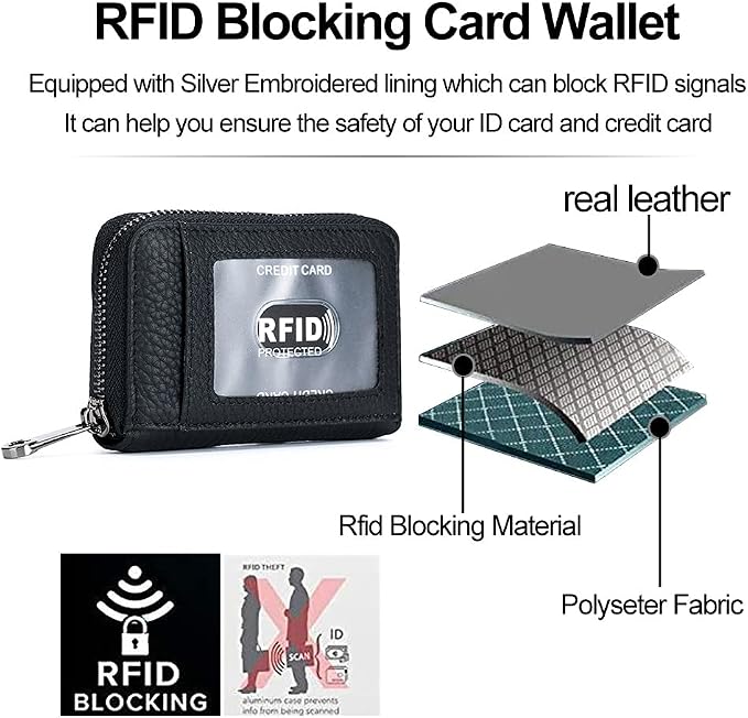 Genuine Leather Credit Card Wallet Accordion Zipper Rfid Credit Card Holder Small Coin Purse with ID Window (black)