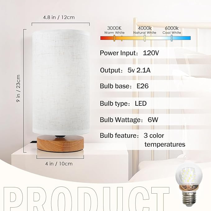 3-Color Adjustable Bedside Table Lamp for Bedroom Set of 2,Minimalist Wood Base&Round Fabric Shade,Cozy Lighting Nightstand Boho Lamp,Reading Desk Night Stand Light for Room,Office,kitchen,Nursery