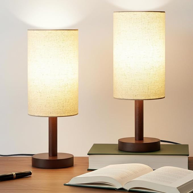 LALISU Small Table Lamp Nightstand Lamp Linen Lampshade Bedroom Wood Base Small Bedside Lamp for Night Stands, Desk Lamps for Reading Living Room, Office (LED Bulb Included) (Black-Walnut Wood（2）)