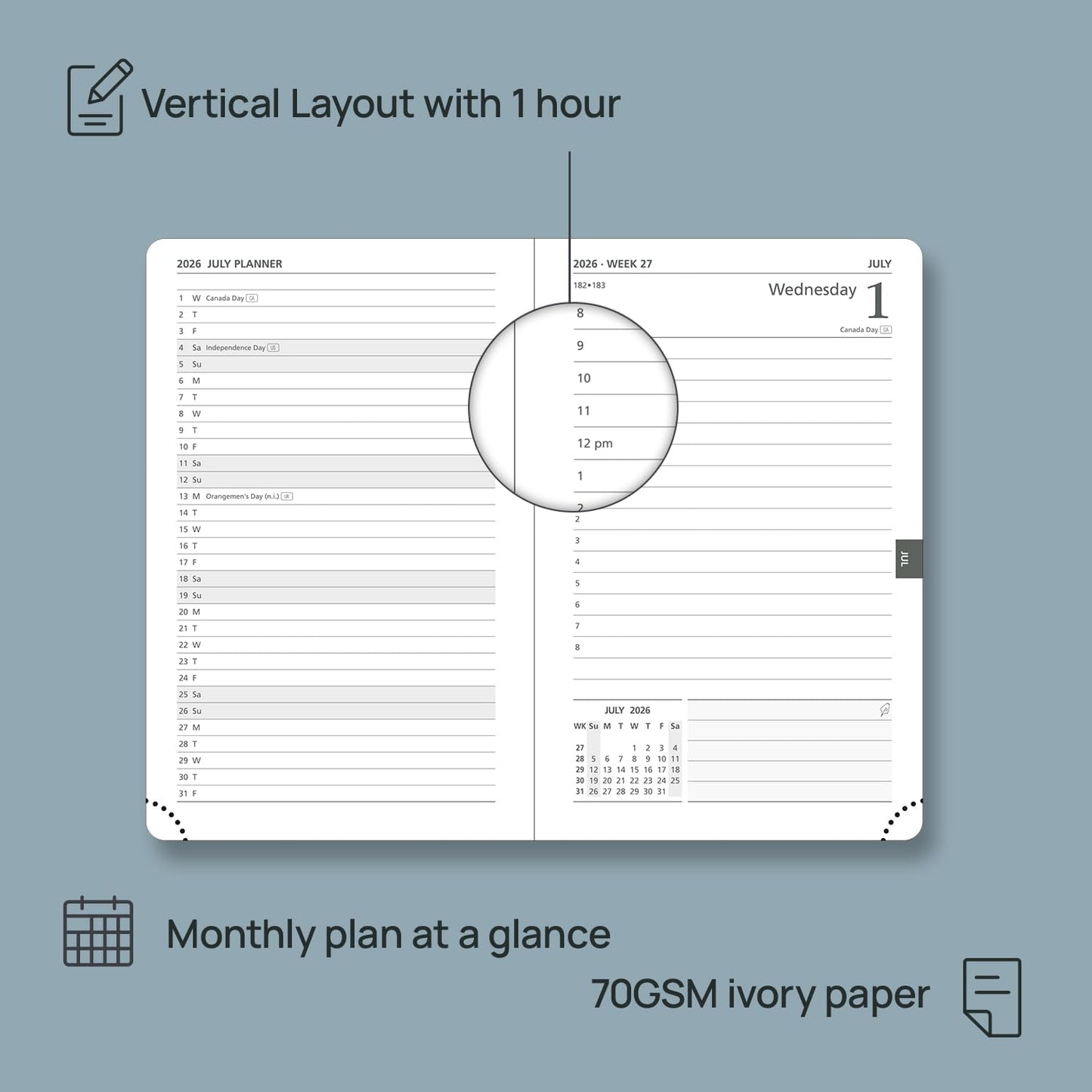 POPRUN Daily Planner 2026 (Jan - Dec), (Purse Size-4.25" x 6.25") 2026 Daily Calendar with One Page Per Day Even Weekends, Hourly Appointment Book with Pocket, PU Leather Softcover - Grey