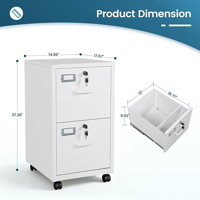 MIIIKO 2 Drawer File Cabinet with Lock, Metal Vertical Filing Cabinets for Home Office, Lockable File Storage Cabinets Under Desk, A4/Letter File Folders Storage-Assembly Required
