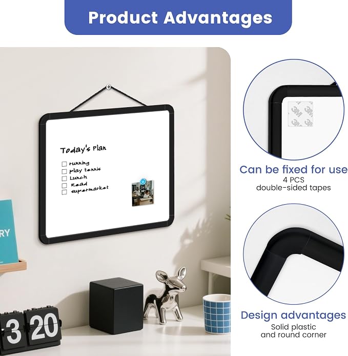 Small Wall White Board, 11" x 14" Mini Double-Sided Magnetic Dry Erase Board with Plastic Frame, Hanging Whiteboard with 5 Markers for Kids Students School Kitchen Home & Office, Black