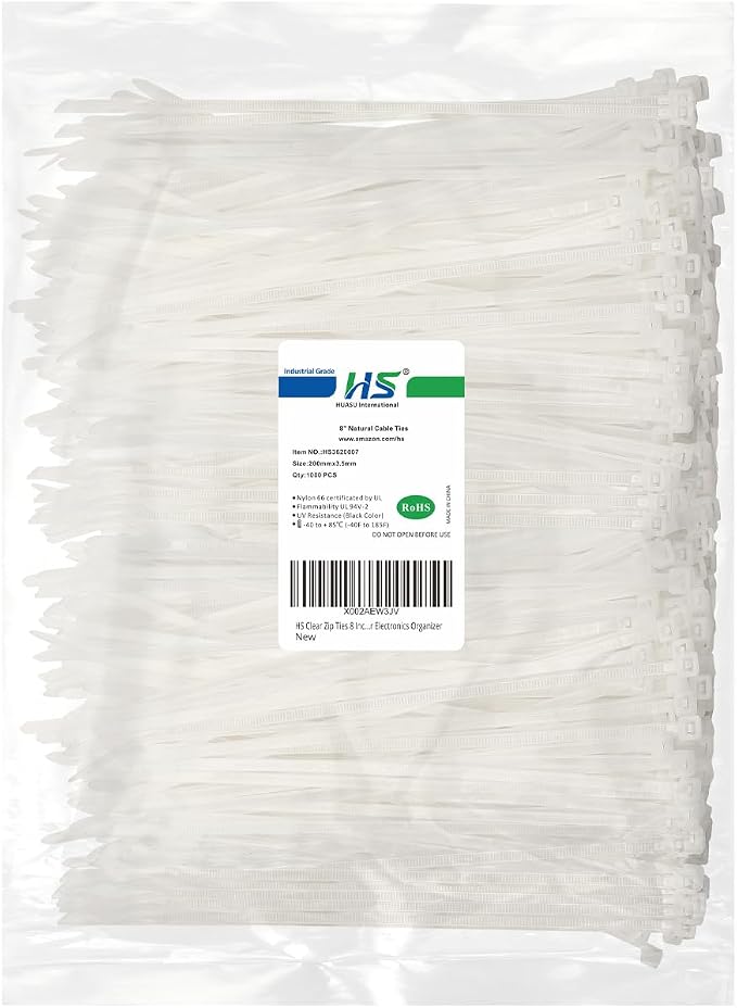 HS Clear Zip Ties 8 Inch (Bulk-1000 Pack) Nylon Cable Ties 40 Lbs Self-Locking Wire Ties for Electronics Organizer