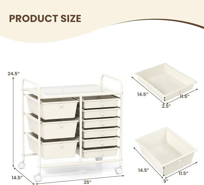 9 Drawer Rolling Storage Cart, Rolling Cart with Drawers for Classroom, Art Supply Craft Organizer on Wheel with Metal Frame & Handles for Home Office School