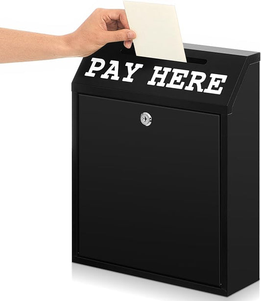 Yaocom Safe Metal Cash Box for Farm Stand – Money Drop and Secure Donation Collection, Wall Mount Lockable Unit with Pre Drilled Holes for Outdoor Self Serve(Black,15 x 12 x 4 Inch)