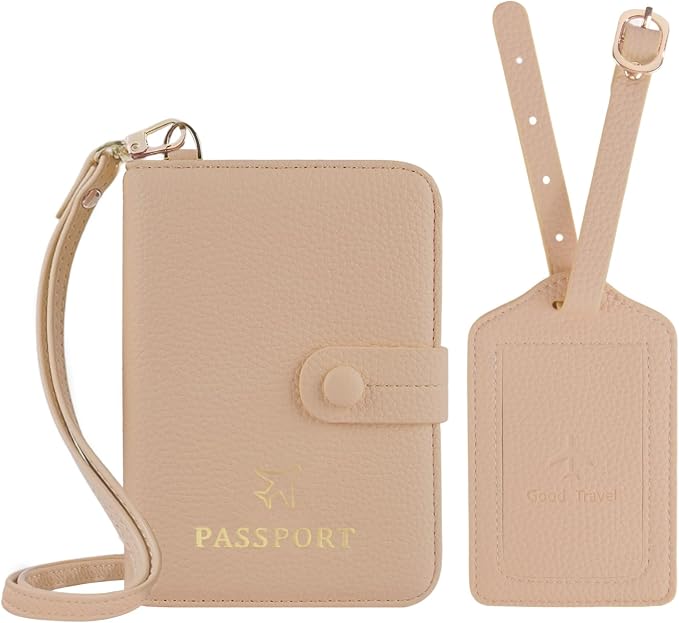 Passport Holder RFID Protected Wallet and Luggage Tag with Protection Cover Travel Accessories Leather Card Case Organizer for Women Men (Beige)