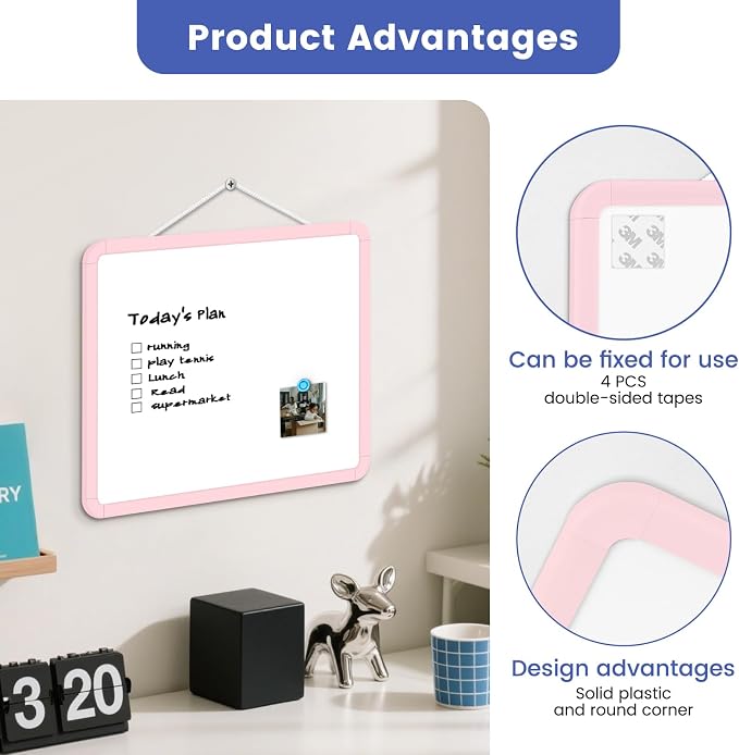 Small Wall White Board, 11" x 14" Mini Double-Sided Magnetic Dry Erase Board with Plastic Frame, Hanging Whiteboard with 5 Markers for Kids Students School Kitchen Home & Office, Pink