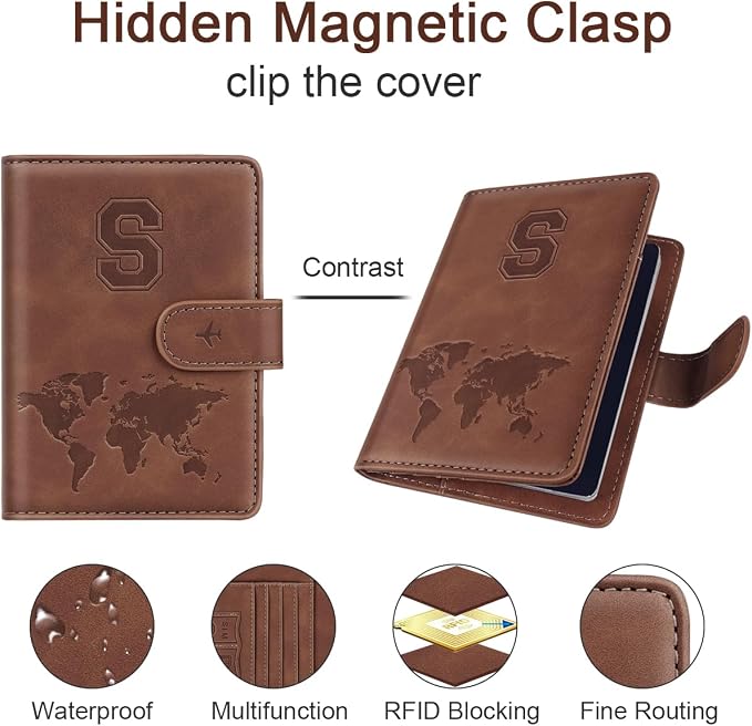 Passport Holder Wallet Cover Personalized Initial Travel Essentials | Embossed Letter A-Z Design, Travel Wallets, RFID Blocking, Passport Book Holders, Women Men, Personalized Gifts, Brown-S