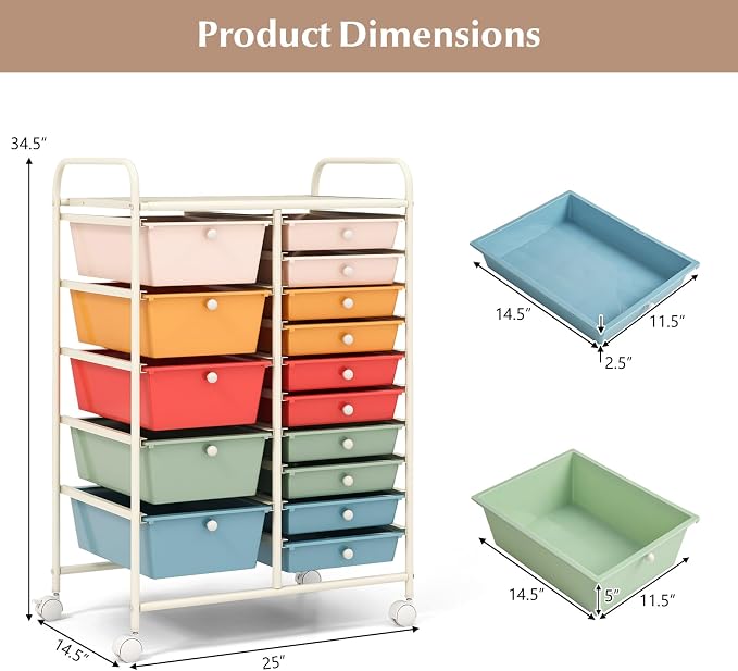 COSTWAY 15 Drawer Rolling Storage Cart, Mobile Storage Organizer | Removable Drawers & Metal Frame, Multipurpose Utility Tools Paper Organizer on Wheels for Home, Office (Macaron)