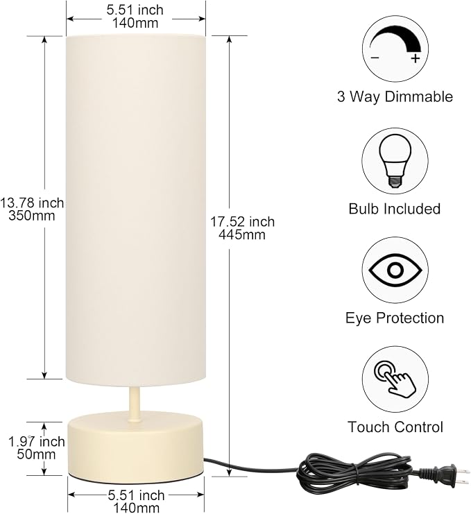 Touch Control Table Lamp, 3 Way Dimmable Bedside Lamp, Modern Desk Lamp | Simple Nightstand Lamp, Cream Base with Beige Shade, Night Light for Bedroom Living Room Home Office, LED Bulb Included