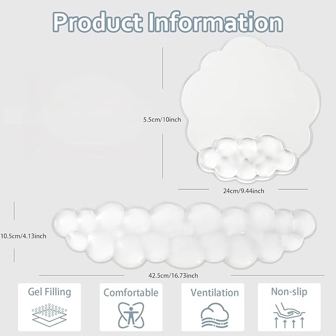 Clear Cloud Wrist Rest and Gel Mouse Pad for Keyboard Ergonomic Wrist Pad | Cooling Comfort Pain & Fatigue Relief Easy to Clean Office Accessories