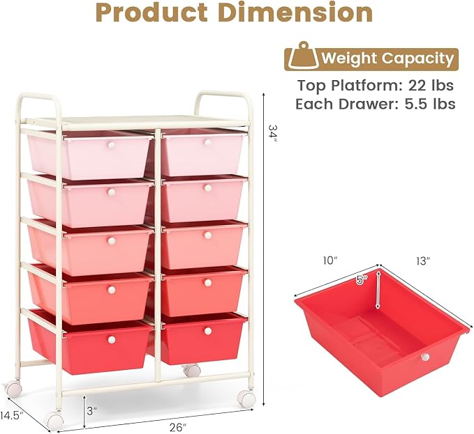 10 Drawer Rolling Cart, Storage Cart Organizer on Wheels, Drawer Cart with Metal Frame & Large Storage Capacity, Rolling Cart with Drawers for Living Room Classroom, Office