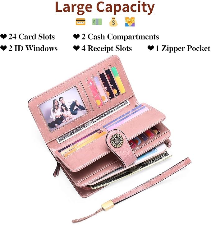 SENDEFN Wallets for Women Leather Credit Card Holder with RFID Blocking Large Capacity Wristlet | with RFID Blocking