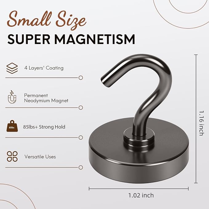 Neosmuk Magnetic Hooks, Heavy Duty 85lb+ Strong Magnet Hook for Cruise Cabins, Cruise Essentials 2026 for Hanging, Metal Wall Refrigerator Hangers (Gunmetal, 10 Pack)