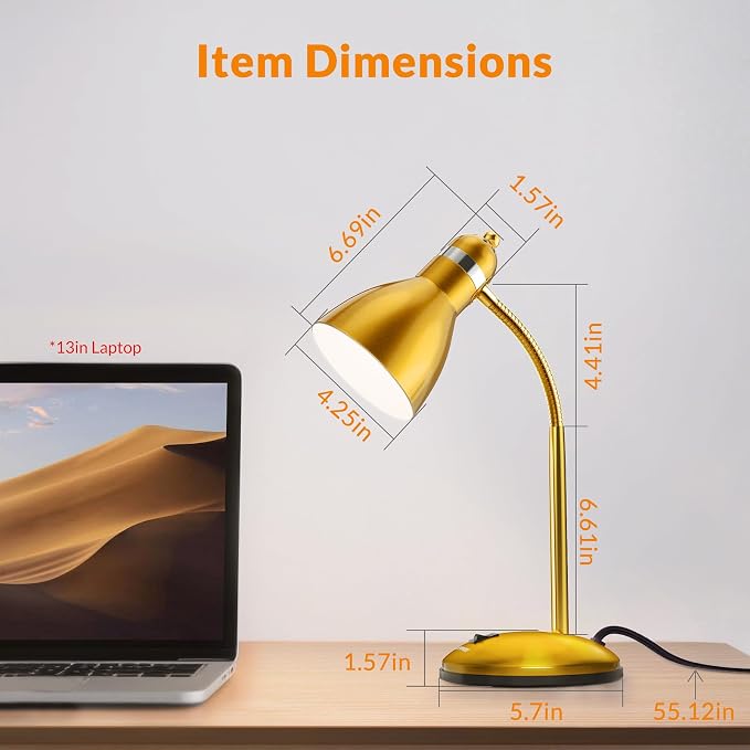 LEPOWER Metal Desk Lamp, Adjustable GooseNeck Reading Light for Bedroom | Compact & Sturdy, Space-Saving for Bedside & Dorm, E26 Table Lamp, Eye-Caring, Ldeal for Study, Office, Back to School