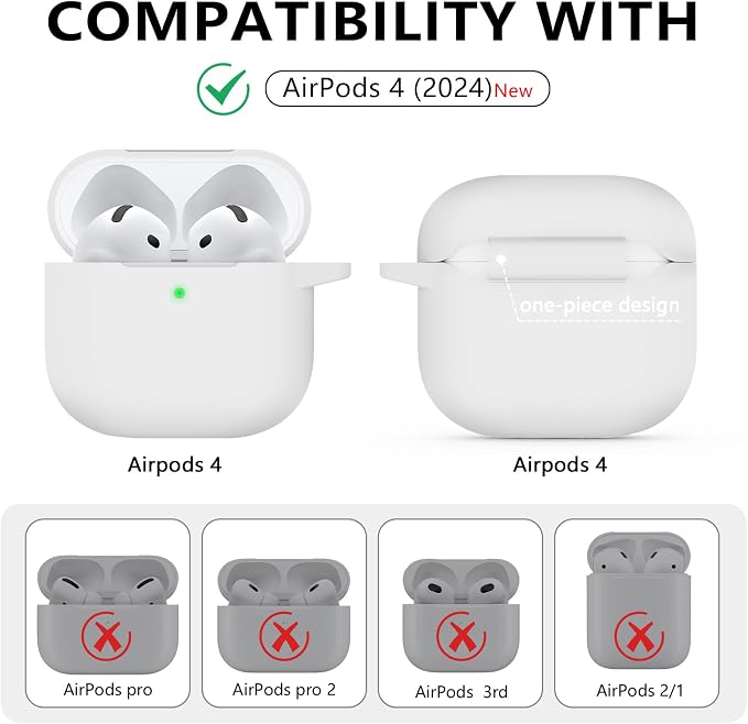 Ljusmicker for AirPods 4 Case 2024 with Cleaner Kit,Soft Silicone Protective Cover for Apple AirPods 4th Generation Cases for Women Men,for AirPod 4 Case Accessories with Keychain-White