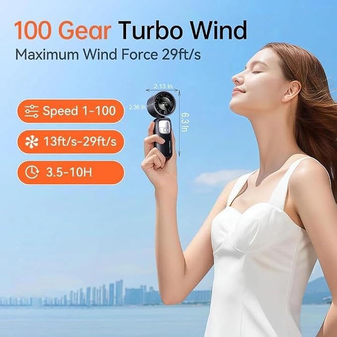 KIMMOO 3-in-1 Portable Handheld Turbo Fan-100 Speeds, 15000 RPM, 10Hrs Cooling, LED Display, 90° Rotation, Small Travel Fan, Mini Foldable Hand Held Personal Fan for Women Men (Black)