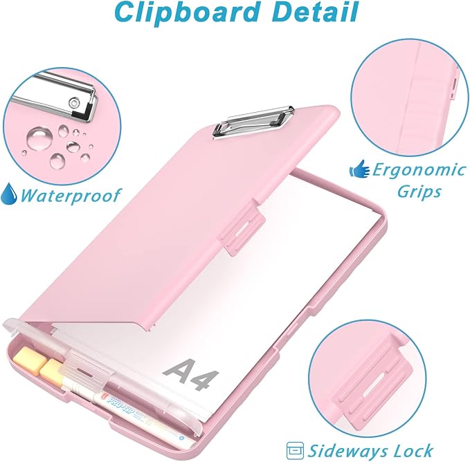 Rimilak Clipboard with Storage, 8.5 x 11'' High Capacity Clip Board, Pink | Smooth Writing, Side-Opening Plastic Folder with Pen Holder, Size 14.2 x 9.6 x 1.2″ ,for Classroom, Teacher, Student
