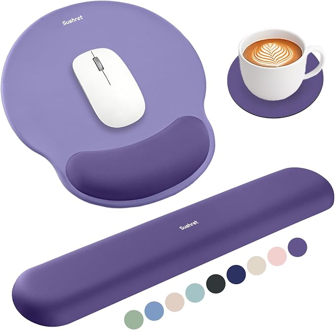Mouse Pad and Keyboard Wrist Rest, 3-in-1 Gel Memory Foam Ergonomic Mouse Pad with Wrist Rest Set, Gaming Mousepad Arm Cushion Support for Computer Office Desk Accessories Cute Setup, Purple