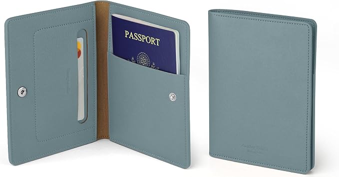 Premium RFID Blocking Leather Passport Holder & Wallet – Fog Blue | Family Travel Document Organizer – for 2 Passports, Cards, Boarding Passes & Travel Essentials