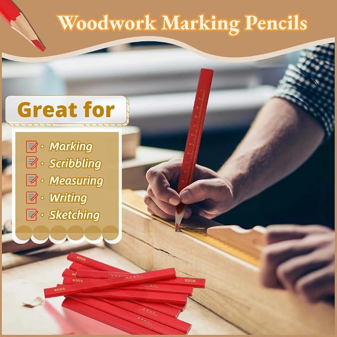 Carpenter Pencils, 10 Red Octagonal Hard Pencils for Woodworking & Concrete Marking
