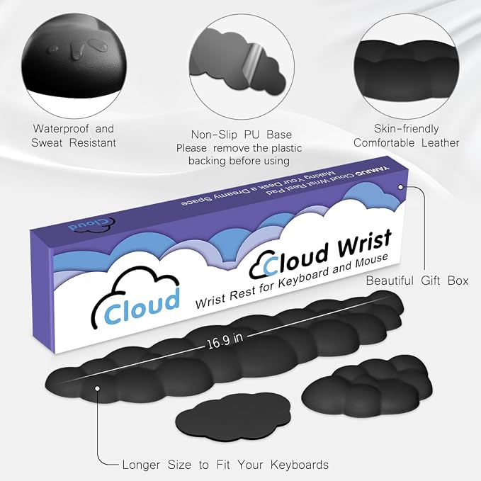 4 in 1 Ergonomic Leather Cloud Wrist Rest Keyboard and Mouse Pad & Coaster | Full 4-Piece Set, Non-Slip PU Base, Soft Memory Foam Comfort For Long Work/Gaming Hours, Cute Desk Decor, Easy To Clean