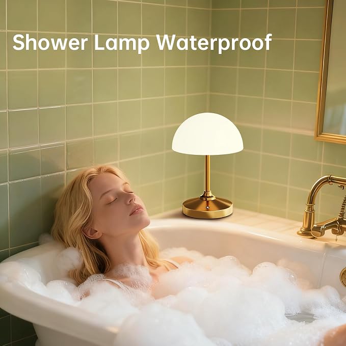 Mushroom Lamp Cordless Lamp Table Lamp,Outdoor Waterproof Shower Lamps,5000mAh Rechargeble Battery Operated Dimmable Touch Desk Lamps,LED Night Light for Bathroom Patio Camping Outdoor(Gold)