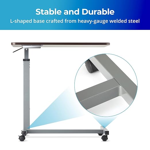 Invacare Bed Table, Height Adjustable Overbed Table, Hospital Bedside Table, Medical Rolling Desk with Wheels, Waterproof Medical and Home Use L-Shaped Steel Base Over Bed Tray Table