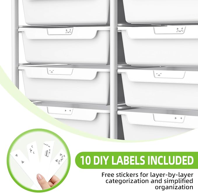 10 Drawers Rolling Cart with Wooden Tabletop, Utility Storage Cart with Wheels, Art Supply Craft Organizer on Wheel with Metal Frame & Handles for Home Office School (Pure White)