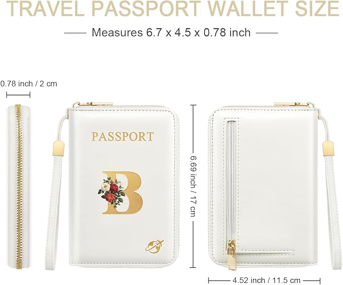 Passport Holder for Travel Personalized Wallet with Wristlet Women | All-in-One Passport Cover, RFID Blocking, Back Coin Pocket, Paper Money Slot, Zipper Closure, Roses Initial Letter, White B