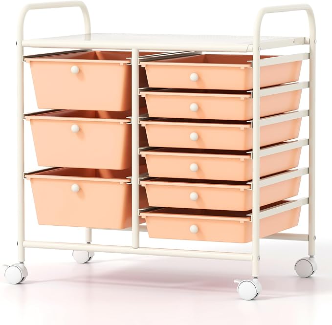 COSTWAY Rolling Storage Cart with 9 Drawer, Utility Cart with Metal Frame | Mobile Art Supply Craft Organizer, Multipurpose Storage Organizer for Paper, Office, School Teacher, Classroom, Peach