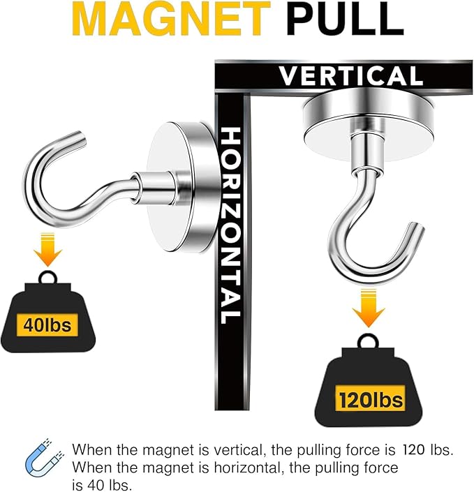 DIYMAG Magnetic Hooks, 120lbs 10pcs Cruise Cabin Essentials Heavy Duty N52 | Strong Neodymium Rare Earth Magnets, for Kitchen, Classroom, Beach, Cruise Cabins, Refrigerator, Hanging Key Clothes Wall Hat
