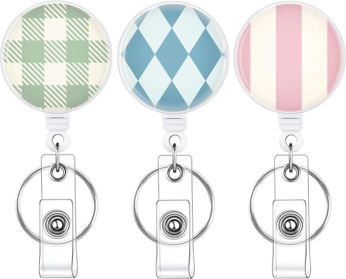 BESARME 3 Pack Badge Reels Retractable Badge Clip with Key Ring Retractable Badge Holders for Office Worker Teacher Nurse Student（Plaids）