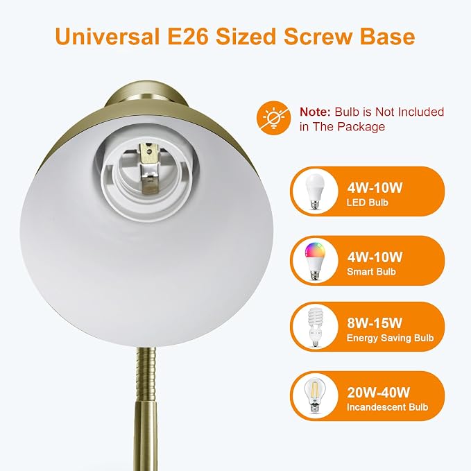 LEPOWER Metal Desk Lamp, Adjustable GooseNeck Reading Light for Bedroom | Compact & Sturdy, Space-Saving for Bedside & Dorm, E26 Table Lamp, Eye-Caring, Ideal for Study, Office, Back to School
