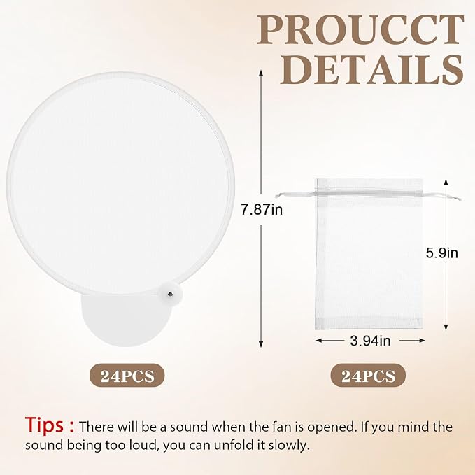 Roowest 24 Pcs 7.87“ Round Sublimation Blank Foldable Fan with Bag Polyester Colored Portable Handheld Compact Fold up Flying Disc Fans for Summer Wedding Graduation Party Favor (White)