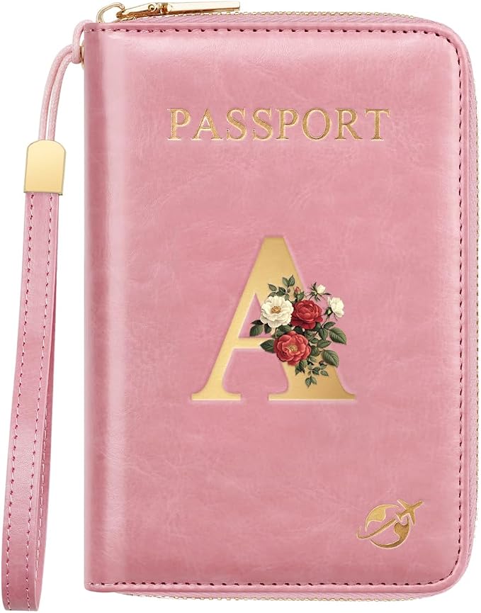 Passport Holder for Travel Personalized Wallet with Wristlet Women | All-in-One Passport Cover, RFID Blocking, Back Coin Pocket, Paper Money Slot, Zipper Closure, Roses Initial Letter, Pink A