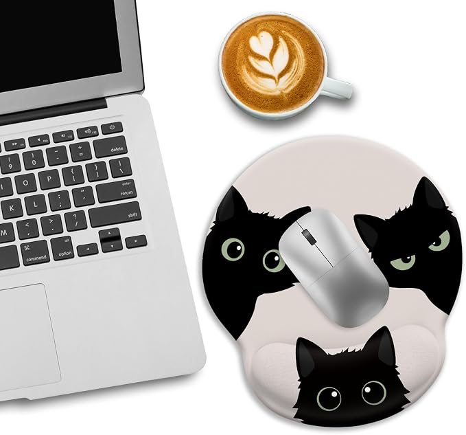 LIMKRIAN Black Cat Ergonomic Mouse Pad with Gel Wrist Rest, 9.8 x 8.6 in | Comfort Wrist Support, Cooling Gel Eases Wrist Pain, Non-Slip PU Base, Smooth Surface, Cute Office Desk Accessories Decor