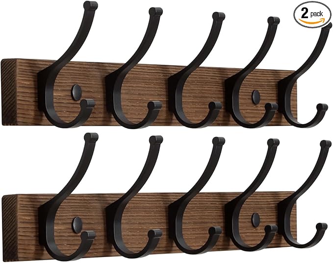 Optish Coat Rack Wall Mount, 16.5 Inches Wood Coat Hooks Wall Mount, Wall Coat Rack with 5 Hooks, Hat Rack Wall Hooks for Hanging Coat, Bag, Towel (2Pack, Brown)