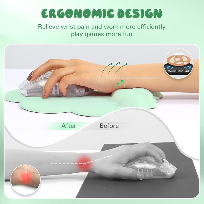 Gaming Mouse Pad Wrist Rest,Ergonomic Cloud Wrist Rest Mousepad with Gel Memory Foam,Non-Slip Rubber Base,Comfortable Mouse Pad for Home Office,Laptop,Mac,Lightweight,Easy Pain Relief (Light Green)