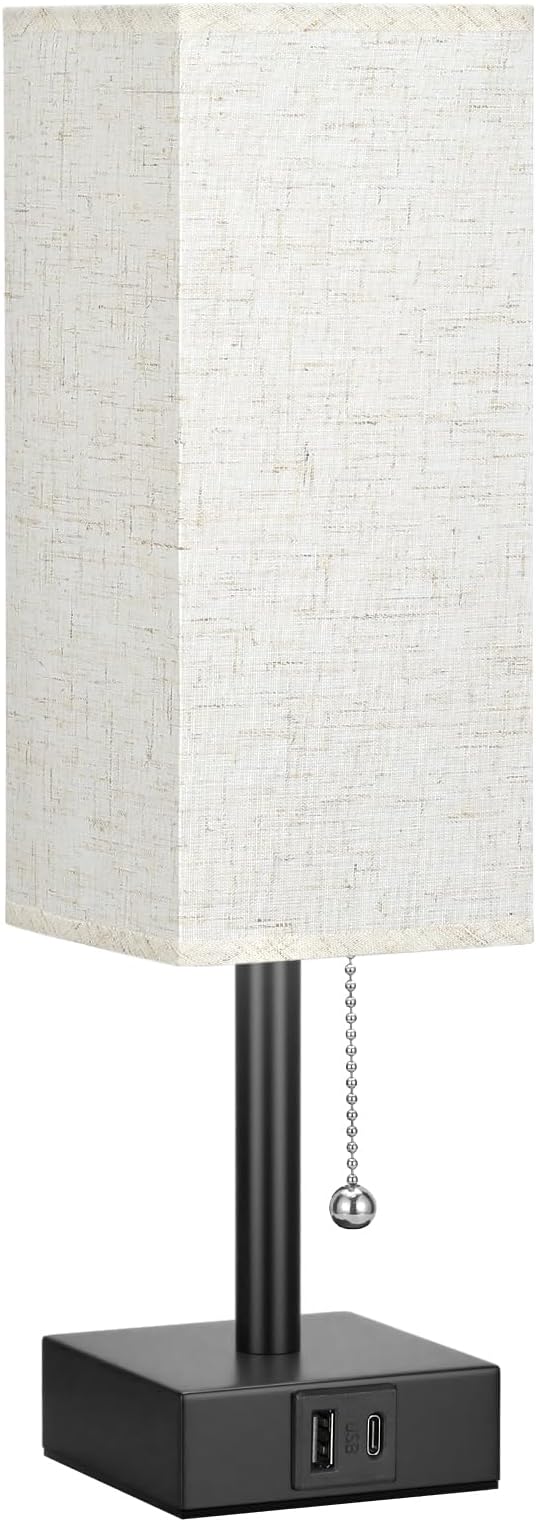 Small Bedside Table Lamp for Bedroom - Desk Lamp For Nightstand, USB C+A | Pull Chain Lamp, 3 Color Modes(3000K/4000K/5000K), E26 LED Bulb Included, Square Beige Fabric Lampshade, for Read, Work, Dorm