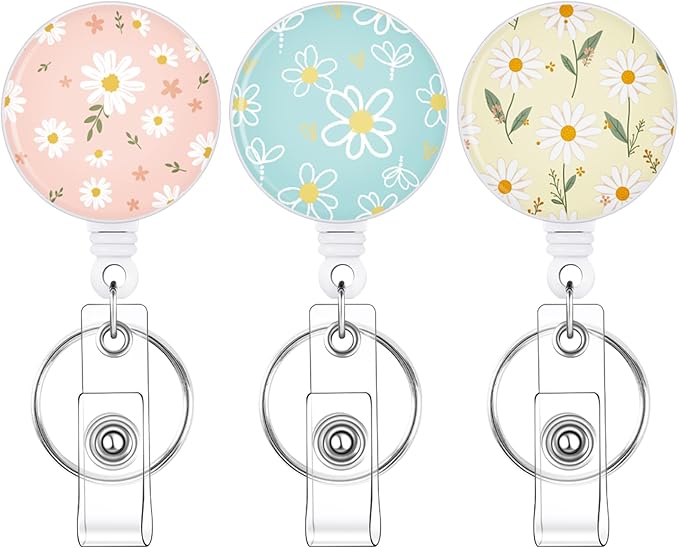 BESARME 3 Pack Retractable Badge Reels with Key Ring, Daisy | Cute daisy design, 22.8 in retractable cord, sturdy clip, for ID badges and keys, nurse teacher office use