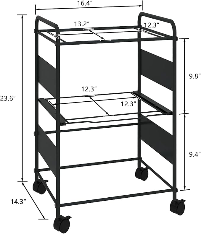 PUNCIA 2-Tier Metal File Cart with Wheels Pull-Out Rolling Folder Organizer | Black Mobile Hanging File Cabinet for Letter Documents Home Office Storage Easy to Move and Access