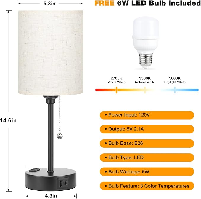 Small Bedside Table Lamp for Bedroom - Desk Lamp with USB Ports for Dorm | USB A+C Ports, AC Outlet, 3 Color Temperatures, LED Bulb Included, 14" Night Stand Lamp