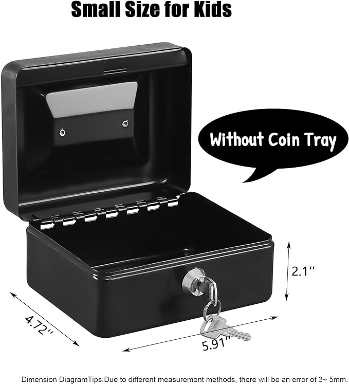 KYODOLED Small Cash Box with Removable Money Tray, Key Lock Metal Storage Box with 2 Keys & Portable Handle, Safe Cash Drawer, 5.91"x 4.72"x 3.15", Black