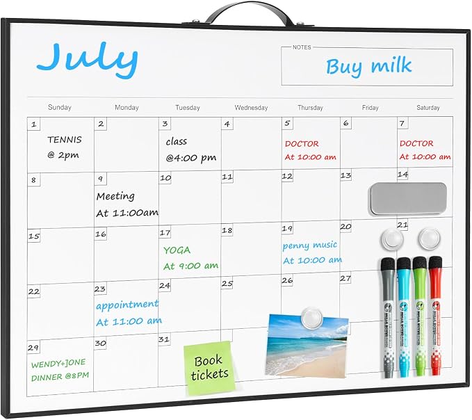 White Board Calendar - 12 X 16 Inches Magnetic Dry Erase Board Monthly Calendar, Double Sided Whiteboard with a Handle, to Do List Notepad for Office, Home, School, Black Aluminum Frame