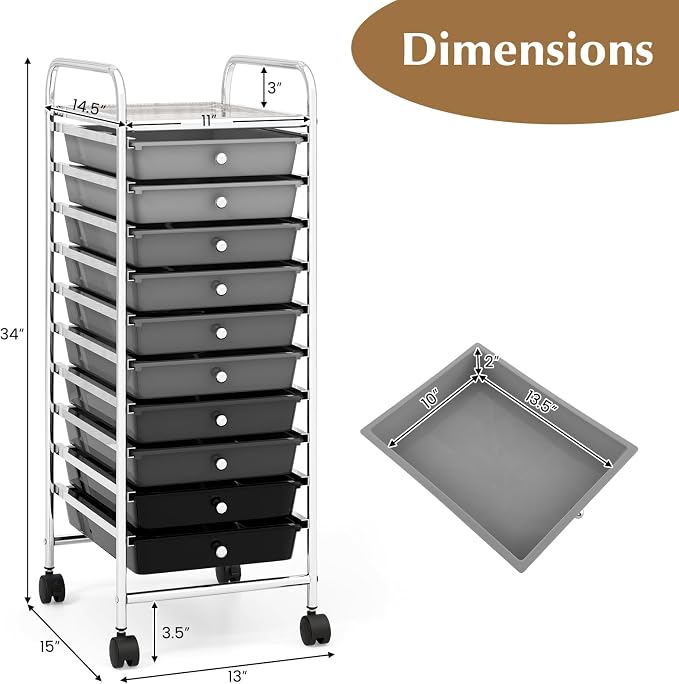 GLACER 10 Drawers Rolling Cart, Storage Cart with w/Removable Drawers & Steel Frame, Utility Mobile Trolley w/Universal Casters & 2 Brakes, Organizer Cart for Home, School, Office (Gradient Grey)