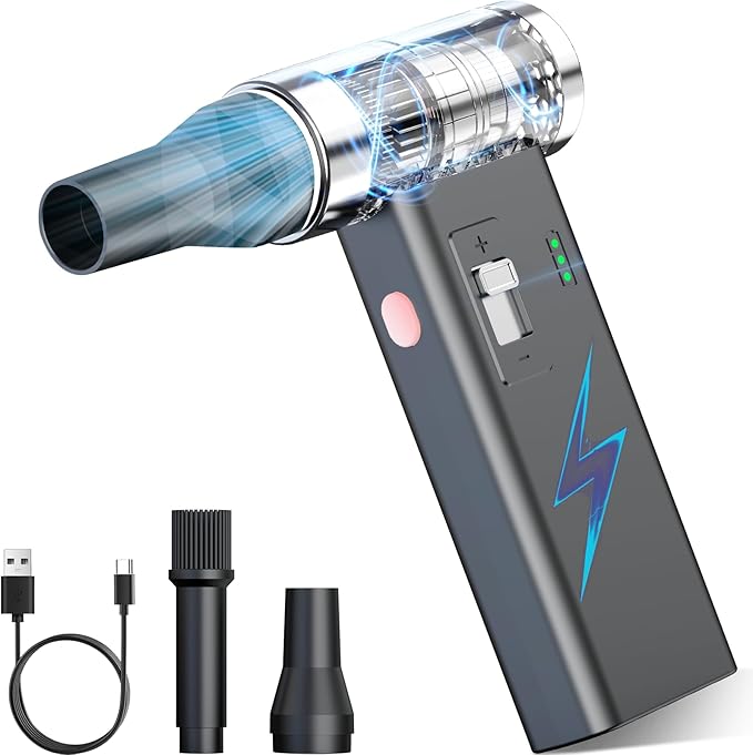Mini Ultra-Slim Electric Compressed Air Duster, 150,000RPM Brushless Motor, Powerful Airflow for Keyboard/PC/Car, USB-C Rechargeable