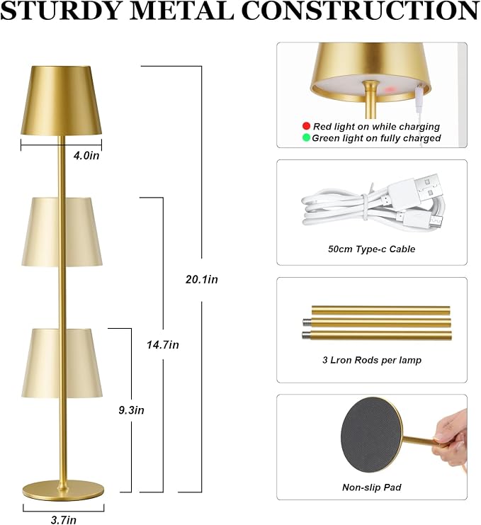 Kakanuo 20" Cordless Table Lamp Rechargeable Gold - 2 Pack 5000mAH Battery Operated Lamp for Counter, 3 Color Stepless Dimming Wireless Lamp for Dining Kitchen, Outdoor Patio, Touch Control