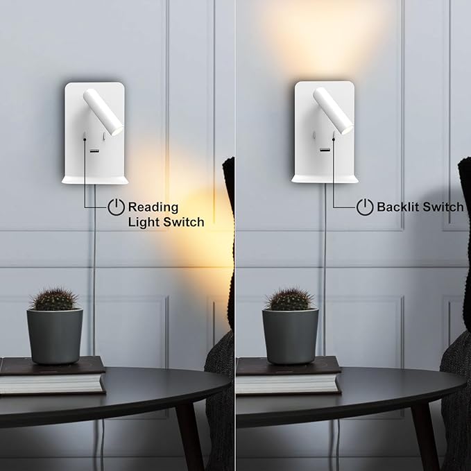 ZEROUNO Plug in Wall Light Bedroom Wall Mounted Reading Light LED Bedside Sconces with Switch USB Port Wall Lighting Lamps 3000K(White)